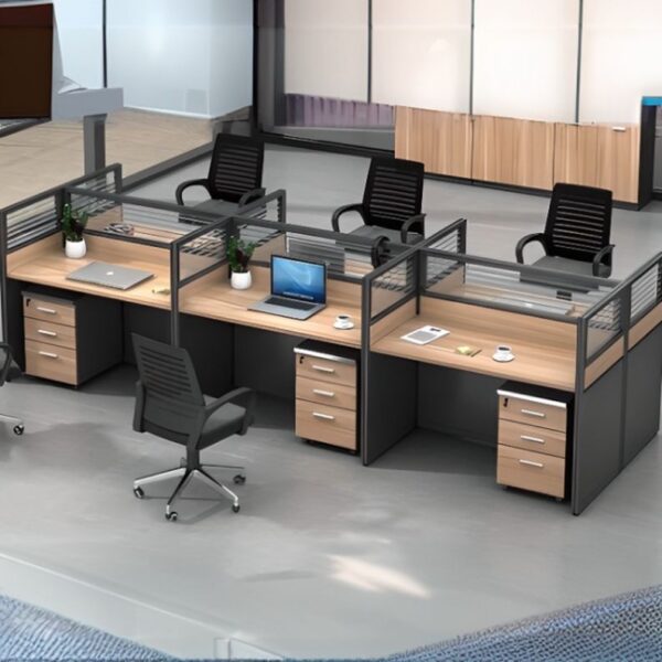 Rectangular 6-seater modular office workstation with six ergonomic desks arranged in a sleek, collaborative layout.