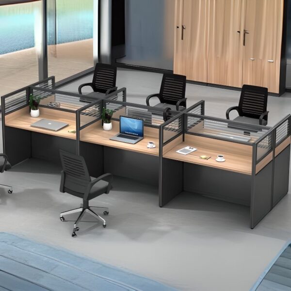 Rectangular 6-seater modular office workstation with six ergonomic desks arranged in a sleek, collaborative layout.