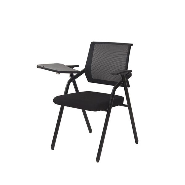 Foldable Black Mesh Conference Chair with breathable backrest, padded seat, and ergonomic design for comfortable and efficient seating in meetings and conferences.