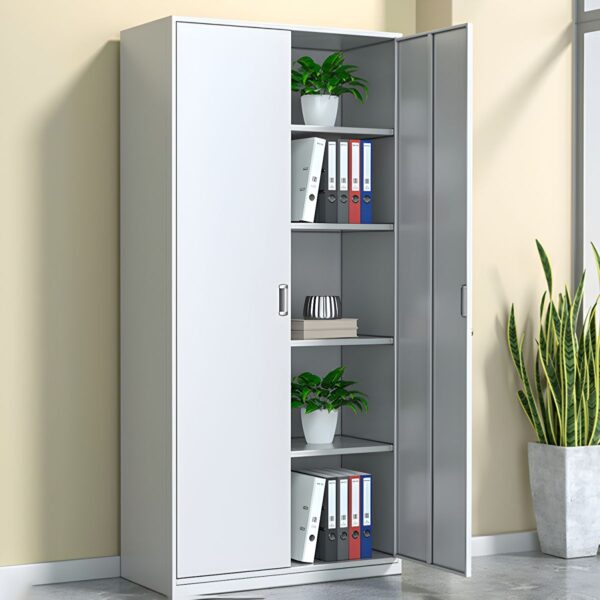 2-Door Modern White Steel Storage Cabinet with spacious interior for organizing files, documents, and office supplies, featuring a sleek white finish and durable steel construction.