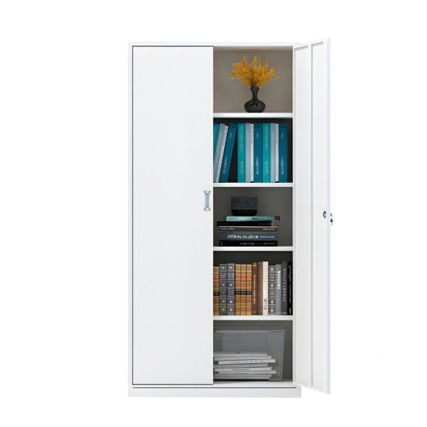 2-Door Modern White Steel Storage Cabinet with spacious interior for organizing files, documents, and office supplies, featuring a sleek white finish and durable steel construction.