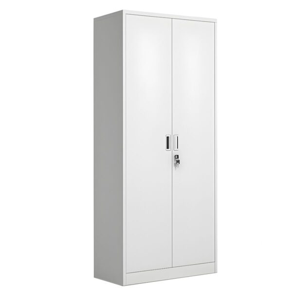 Modern White Steel Storage Cabinet with adjustable shelves and lockable doors for secure and organized storage in office or home settings.