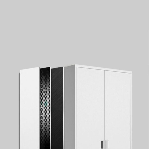 Modern White Steel Storage Cabinet with adjustable shelves and lockable doors for secure and organized storage in office or home settings.