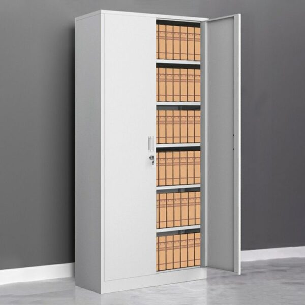 Modern White Steel Storage Cabinet with adjustable shelves and lockable doors for secure and organized storage in office or home settings.