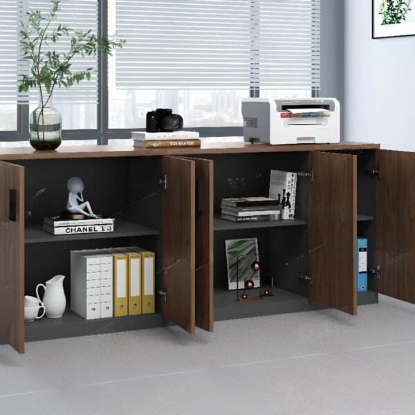 2-Door Executive Credenza File Cabinet with adjustable shelves and modern wood finish.