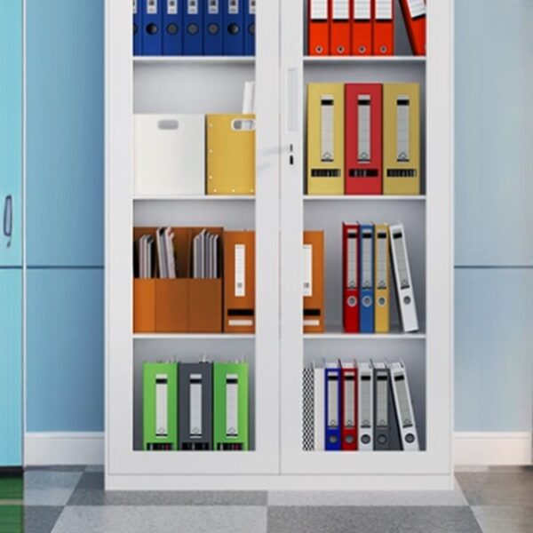 2 Glass Door Steel Vertical Filing Cabinet with adjustable shelves and transparent glass doors for organized storage.