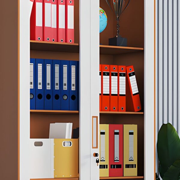 2 Glass Door Steel Vertical Filing Cabinet with adjustable shelves and transparent glass doors for organized storage.