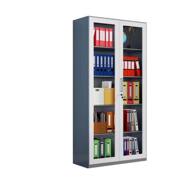 2 Glass Door Steel Vertical Filing Cabinet with adjustable shelves and transparent glass doors for organized storage.