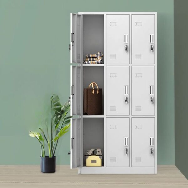 9-compartment steel locker storage cabinet with individual lockable compartments for secure storage of personal items and equipment.