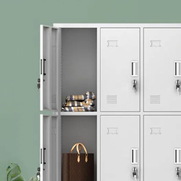 9-compartment steel locker storage cabinet with individual lockable compartments for secure storage of personal items and equipment.