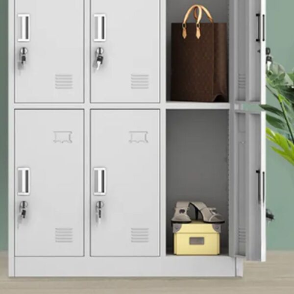 9-compartment steel locker storage cabinet with individual lockable compartments for secure storage of personal items and equipment.