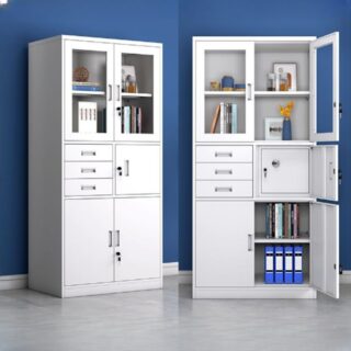 Dove Gray Alloy Office Storage Cabinet with integrated safe, multiple shelves for organized storage, and modern design.