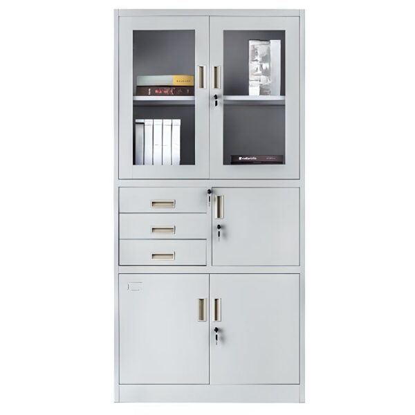 Dove Gray Alloy Office Storage Cabinet with integrated safe, multiple shelves for organized storage, and modern design.