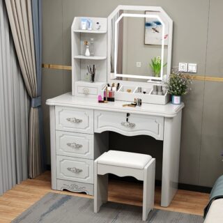 Trendy Standard White Vanity Table with a sleek white finish, spacious surface, and functional drawers for organizing beauty products and personal items.