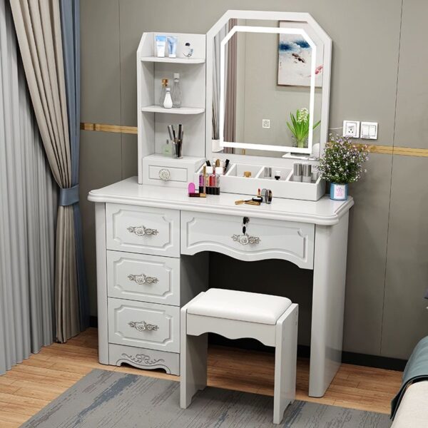 Trendy Standard White Vanity Table with a sleek white finish, spacious surface, and functional drawers for organizing beauty products and personal items.