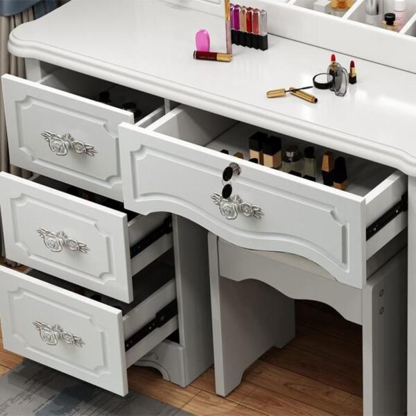 Trendy Standard White Vanity Table with a sleek white finish, spacious surface, and functional drawers for organizing beauty products and personal items.