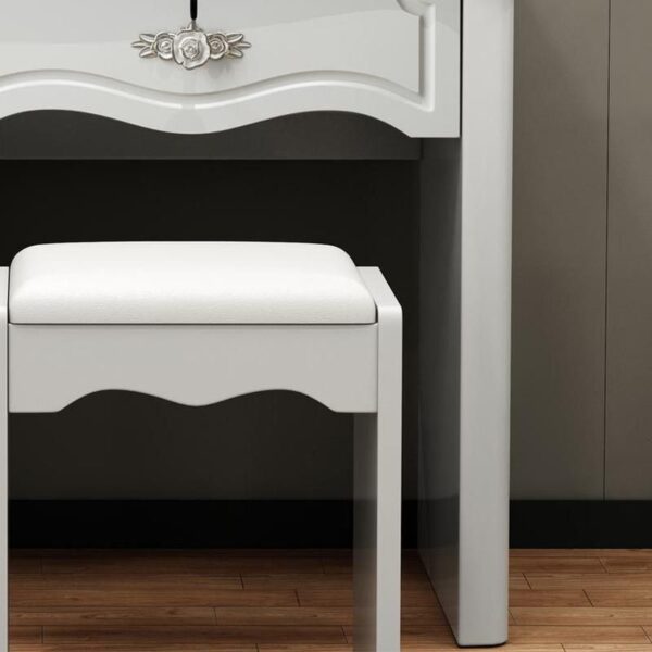 Trendy Standard White Vanity Table with a sleek white finish, spacious surface, and functional drawers for organizing beauty products and personal items.