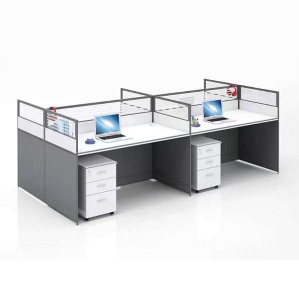 4-Seater Modern Open View Office Workstation with four individual desks, partitioned panels, and organized cable management.