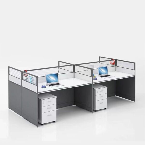 4-Seater Modern Open View Office Workstation with four individual desks, partitioned panels, and organized cable management.