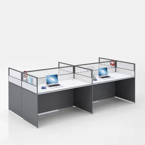 4-Seater Modern Open View Office Workstation with four individual desks, partitioned panels, and organized cable management.