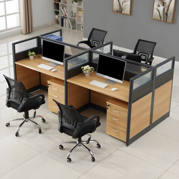 4-Seater Modern Office Workstation with a sleek brown finish, designed for collaborative work with integrated cable management and spacious seating.