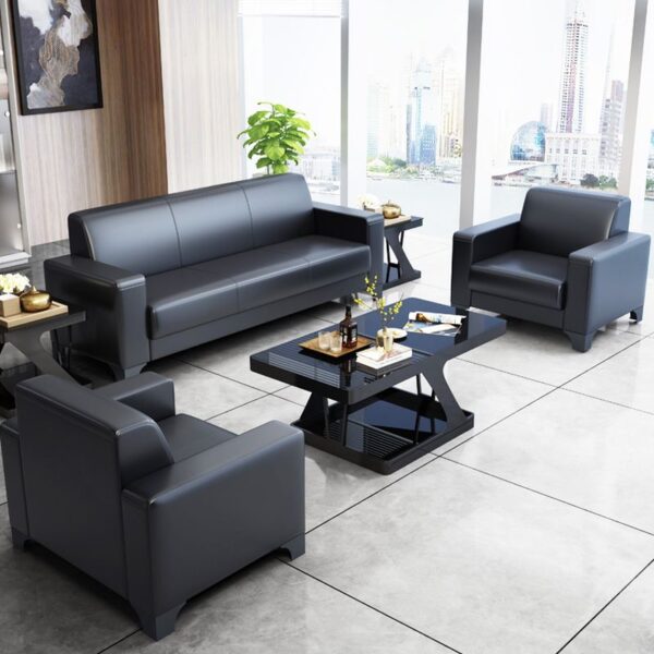 5-Seater Black Leather Reception Sofa Set with sleek black leather upholstery, providing ample seating and comfort for office or reception spaces.