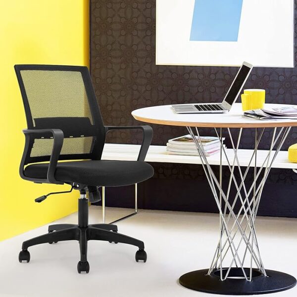 Ergonomic Mesh Secretarial Office Chair with breathable mesh backrest, adjustable height, and padded seat for comfort and support during long hours of work.