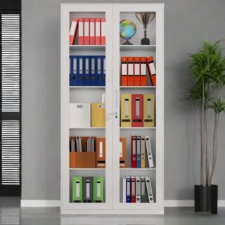 2 Glass Door Steel Vertical Filing Cabinet with adjustable shelves and transparent glass doors for organized storage.