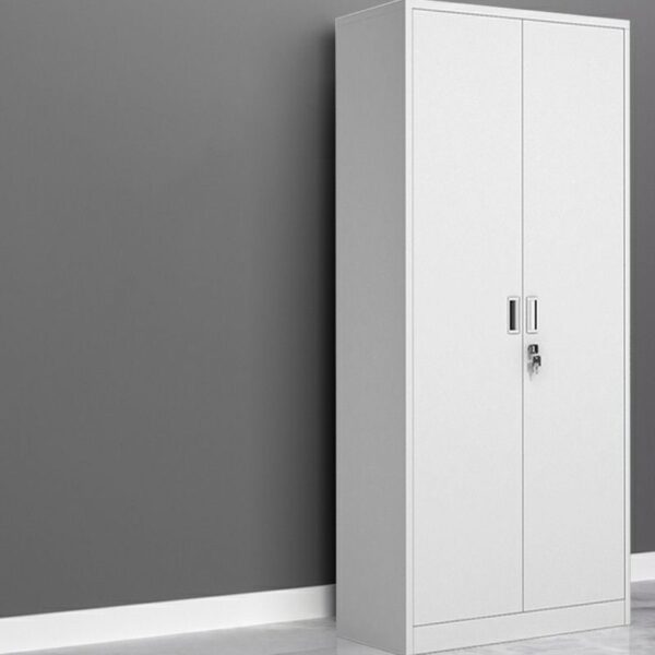 Modern White Steel Storage Cabinet with adjustable shelves and lockable doors for secure and organized storage in office or home settings.