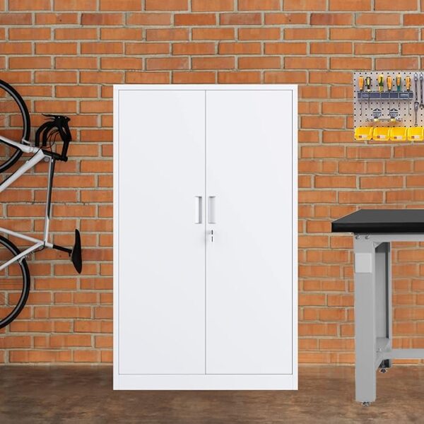 2-Door Lockable Steel Storage Cabinet with adjustable shelves and a secure locking mechanism for safe and organized storage in office or home environments.