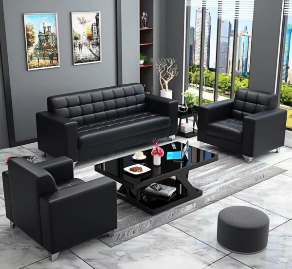 5-Seater Black Leather Executive Office Sofa Set with sleek design, plush cushions, and durable leather upholstery, ideal for office spaces.