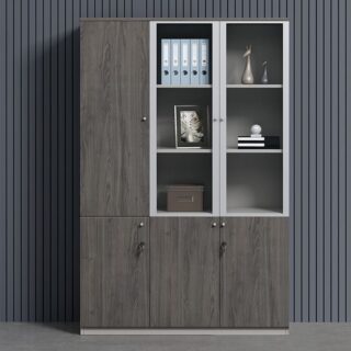 3-Door Grey Wood Office Storage Cabinet with adjustable shelves and a sleek, contemporary design.