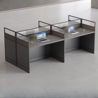 Dark Gray 4-Way Modular Office Workstation with sleek design, ample workspace, and built-in storage for efficient team collaboration.