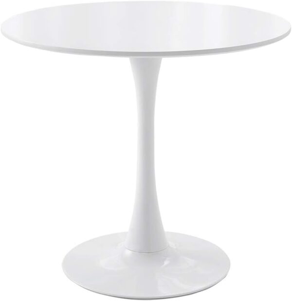 White modern round living room table with minimalist design and smooth surface.