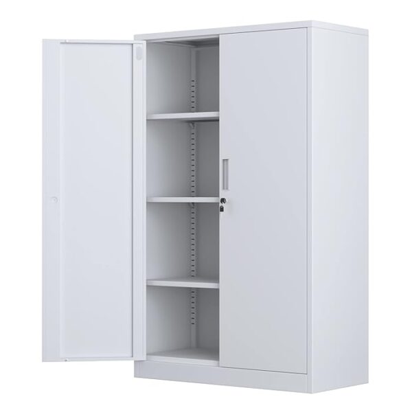 2-Door Lockable Steel Storage Cabinet with adjustable shelves and a secure locking mechanism for safe and organized storage in office or home environments.