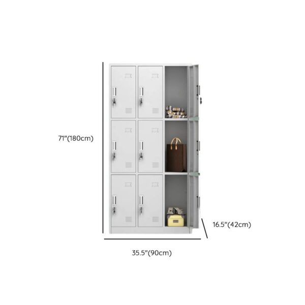 9-compartment steel locker storage cabinet with individual lockable compartments for secure storage of personal items and equipment.