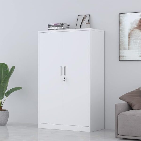 2-Door Lockable Steel Storage Cabinet with adjustable shelves and a secure locking mechanism for safe and organized storage in office or home environments.