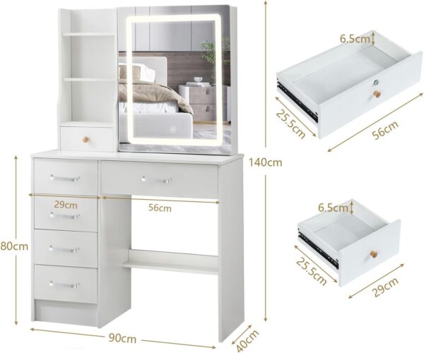 Lighted Modern Makeup Vanity Table Set with adjustable LED lights, spacious storage, and a comfortable cushioned stool.