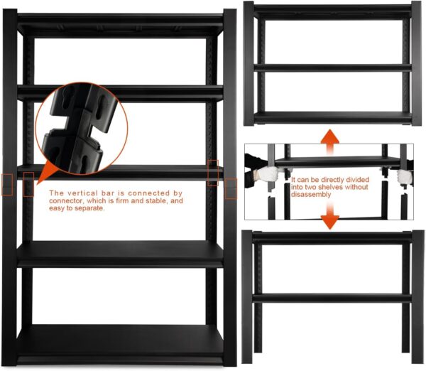 5-Tier Large Metallic Shelving Utility Rack with adjustable shelves, offering durable storage for various items in home, office, or garage settings.