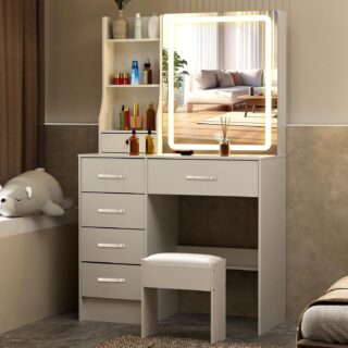 Lighted Modern Makeup Vanity Table Set with adjustable LED lights, spacious storage, and a comfortable cushioned stool.