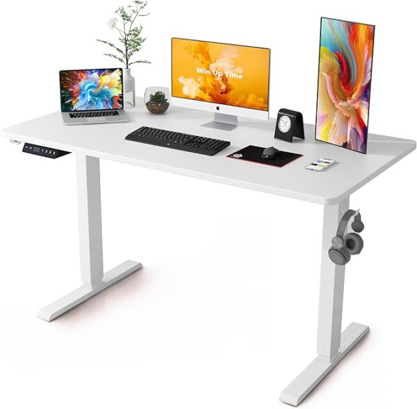 Electric adjustable standing desk for home office, with ergonomic design and easy height adjustment for improved comfort.