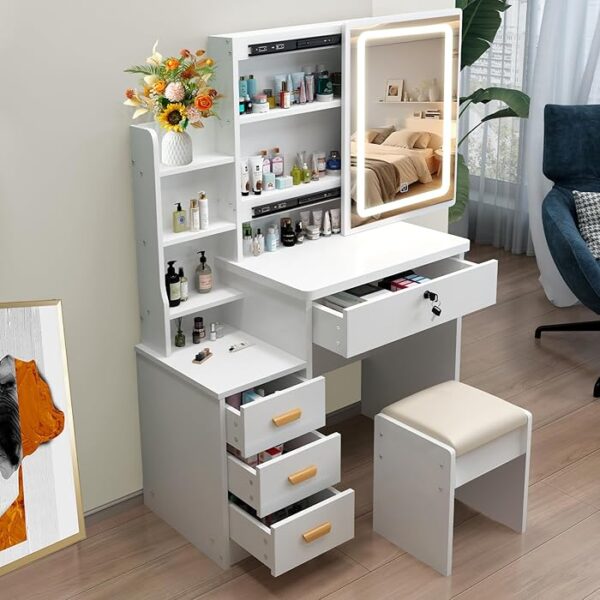 Modern Makeup Vanity Table with built-in mirror and storage drawers, perfect for organizing makeup and accessories in a stylish bedroom.