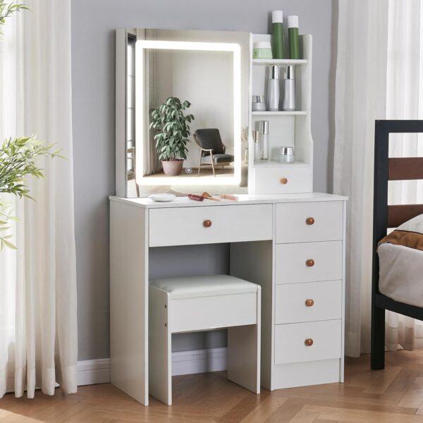 Modern cosmetic dressing table with a sleek design, spacious storage drawers, and an integrated mirror, perfect for home use.