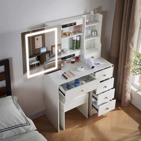 Modern cosmetic dressing table with a sleek design, spacious storage drawers, and an integrated mirror, perfect for home use.