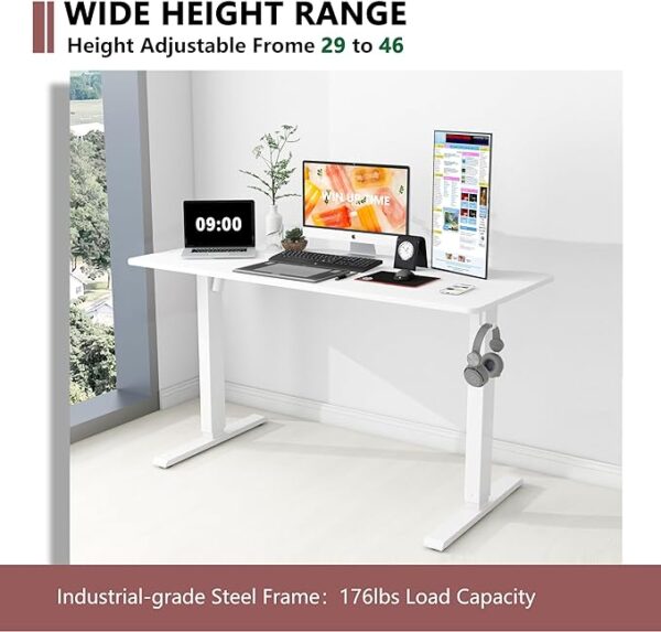 Electric adjustable standing desk for home office, with ergonomic design and easy height adjustment for improved comfort.