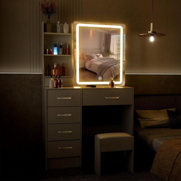 Lighted Modern Makeup Vanity Table Set with adjustable LED lights, spacious storage, and a comfortable cushioned stool.