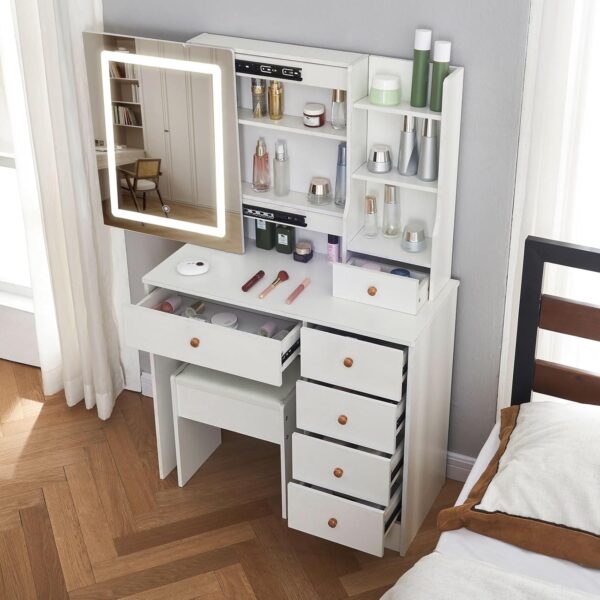 Modern cosmetic dressing table with a sleek design, spacious storage drawers, and an integrated mirror, perfect for home use.