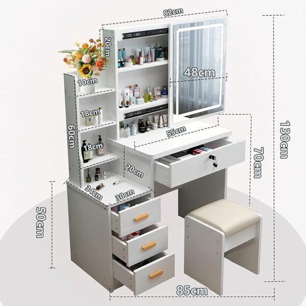 Modern Makeup Vanity Table with built-in mirror and storage drawers, perfect for organizing makeup and accessories in a stylish bedroom.