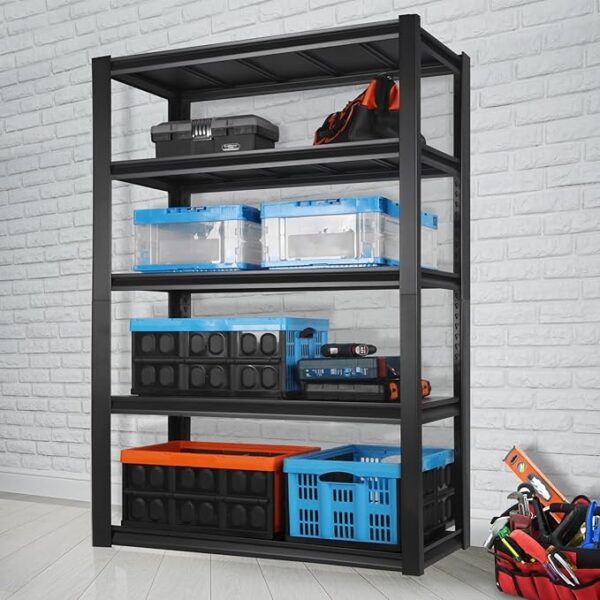 5-Tier Large Metallic Shelving Utility Rack with adjustable shelves, offering durable storage for various items in home, office, or garage settings.