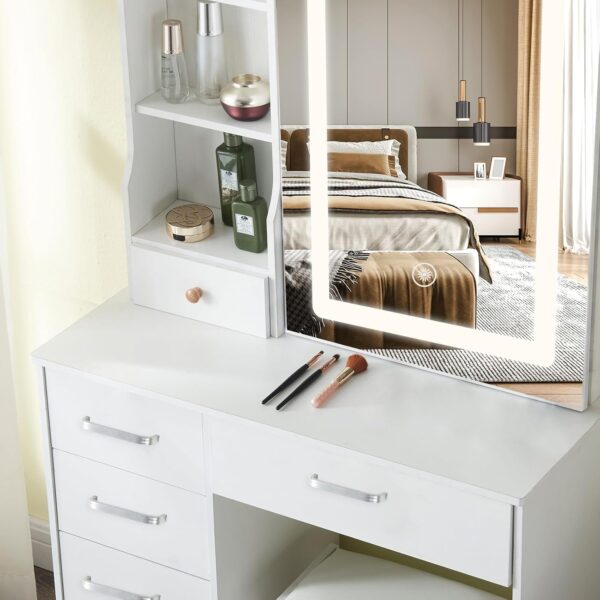 Lighted Modern Makeup Vanity Table Set with adjustable LED lights, spacious storage, and a comfortable cushioned stool.